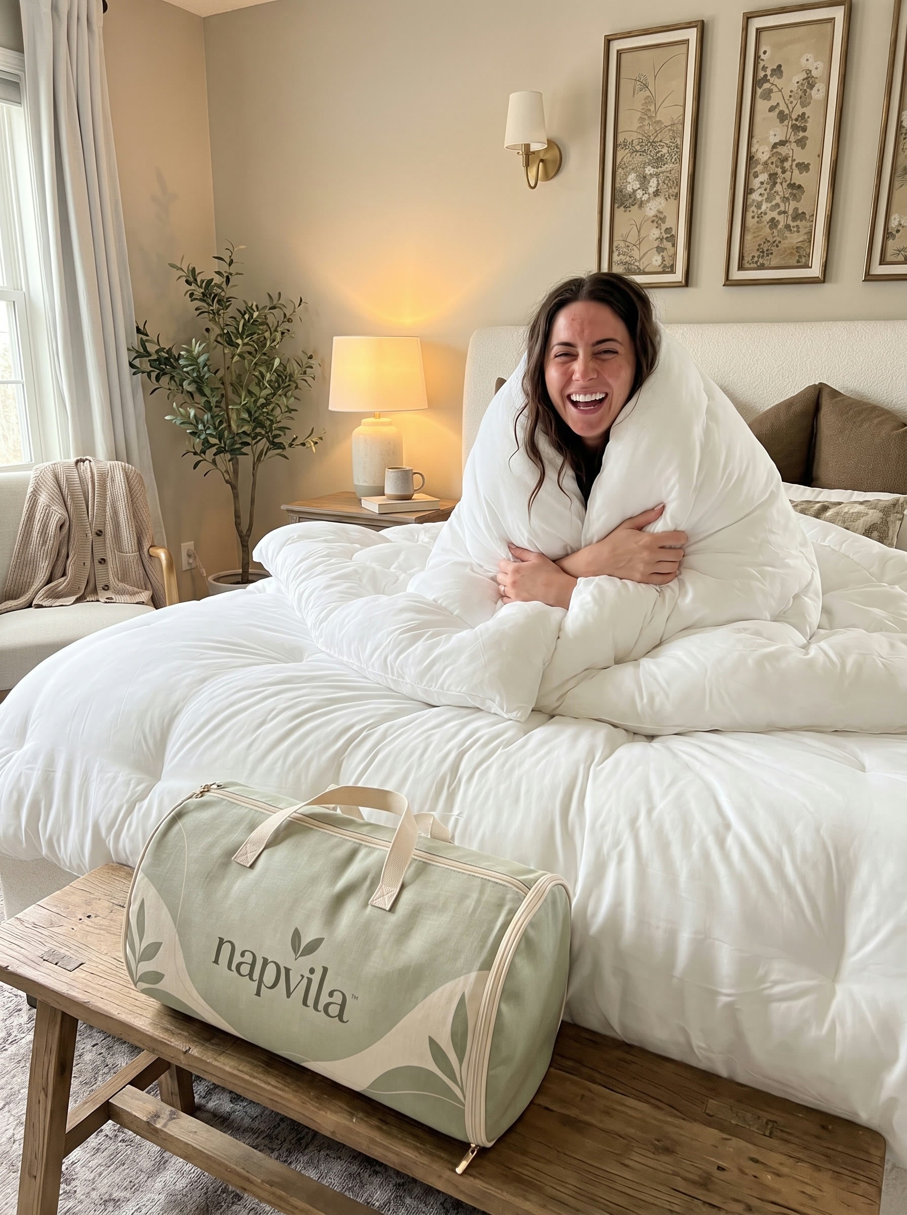 A woman laughing wrapped in the white napvila Cloud Comforter, the sage carry bag on the bench at the foot of the bed