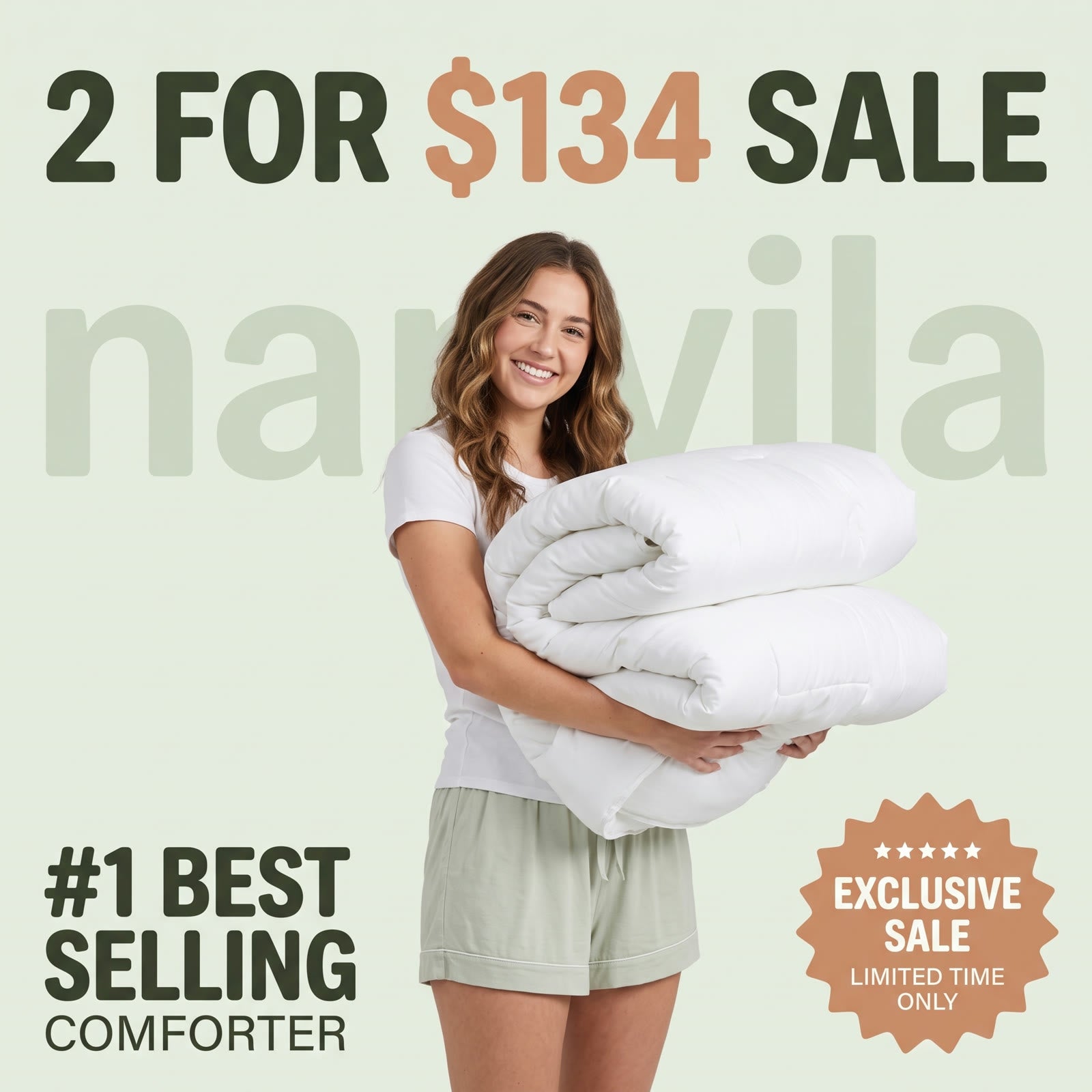 2 for $134 sale: a woman holding two folded napvila Cloud Comforters