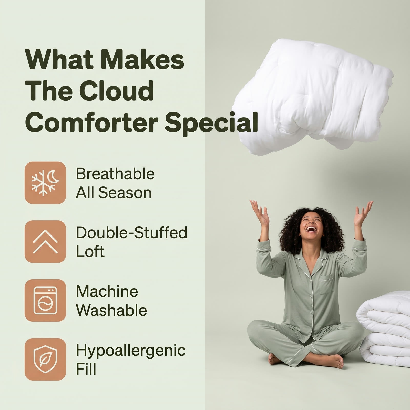 What makes the Cloud Comforter special: breathable, double-stuffed, machine washable, hypoallergenic