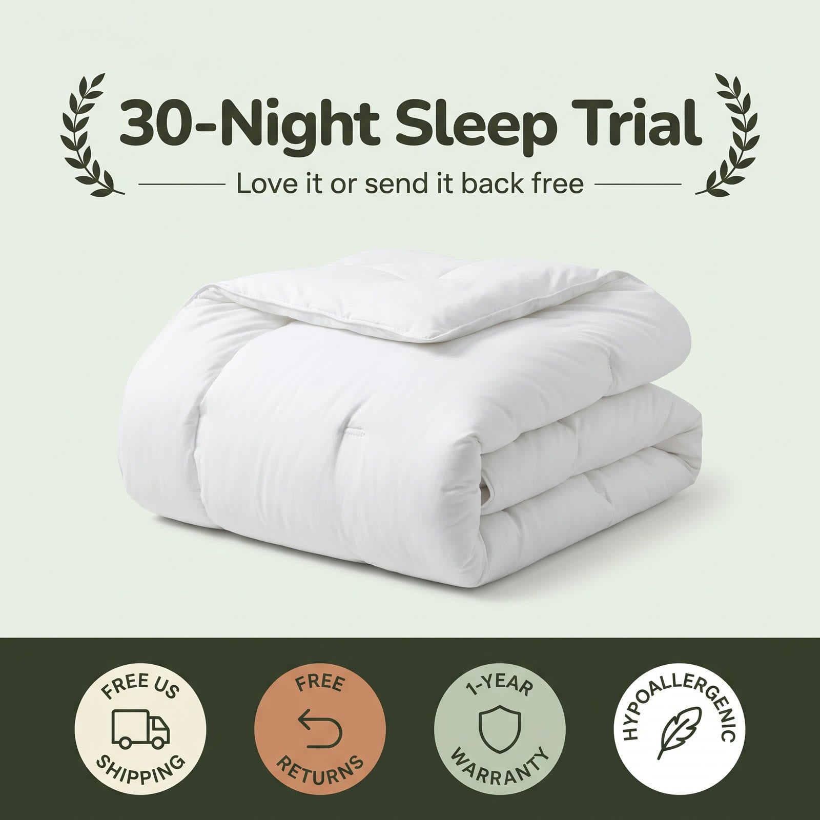 30-night sleep trial, free shipping, free returns, 1-year warranty