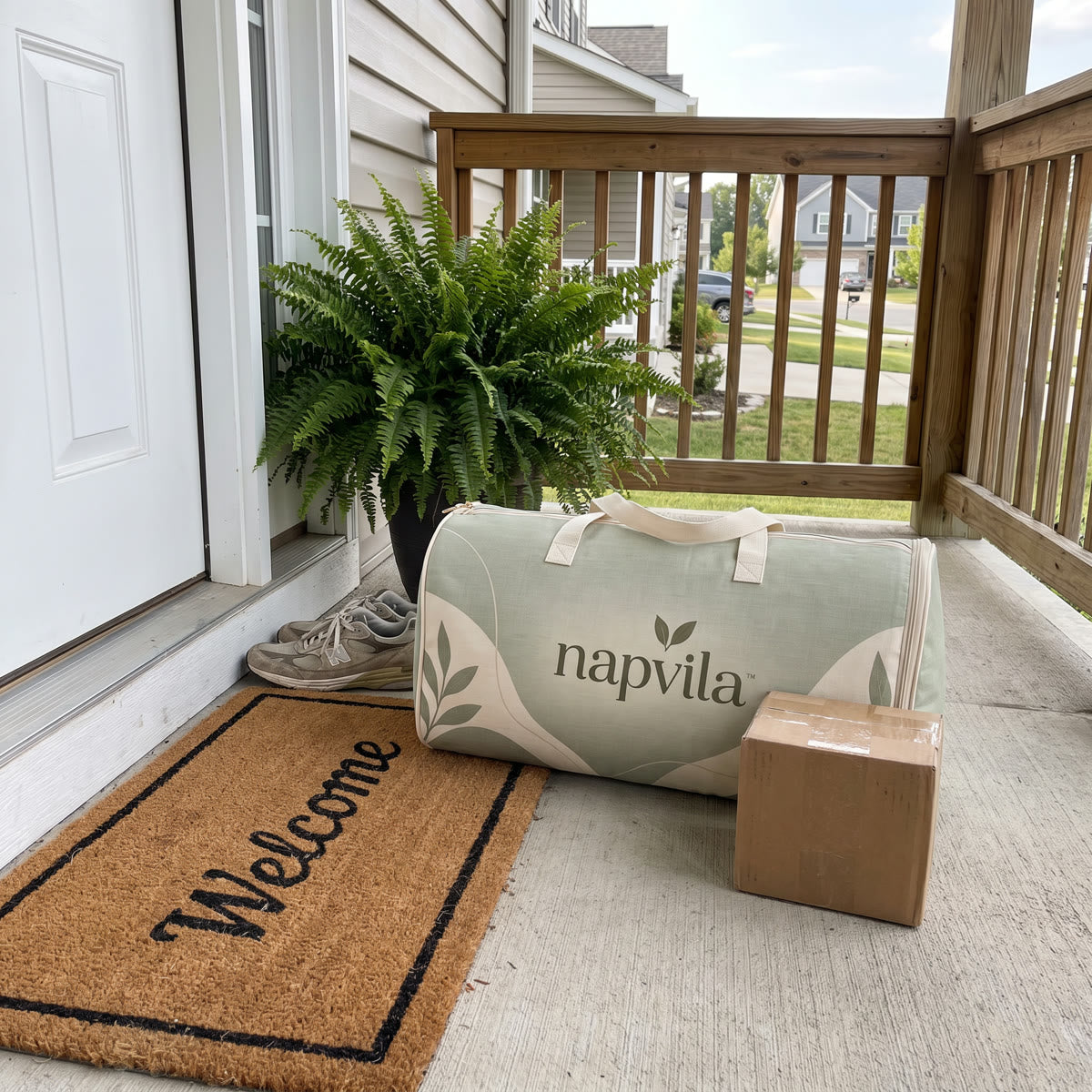The napvila carry bag delivered on a front porch doormat