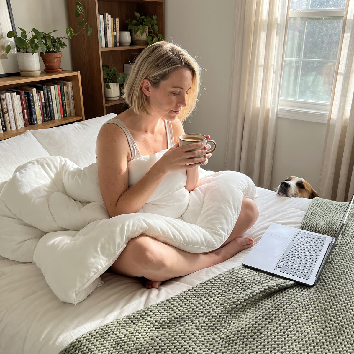 A woman drinking coffee in bed under the Cloud Comforter