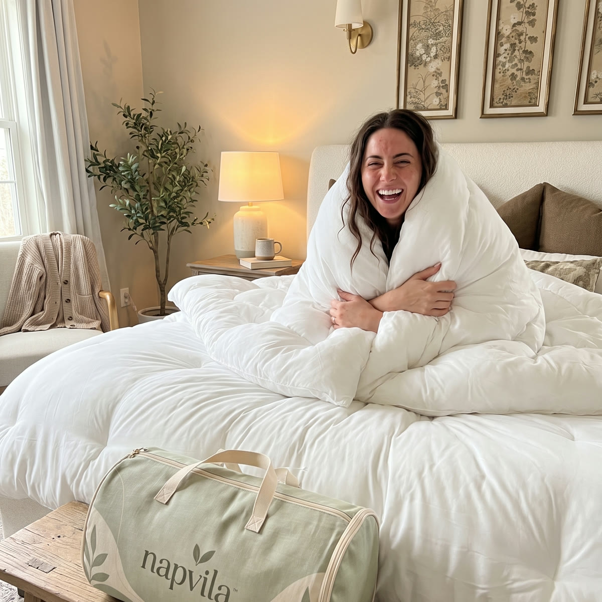 A woman laughing wrapped in the Cloud Comforter